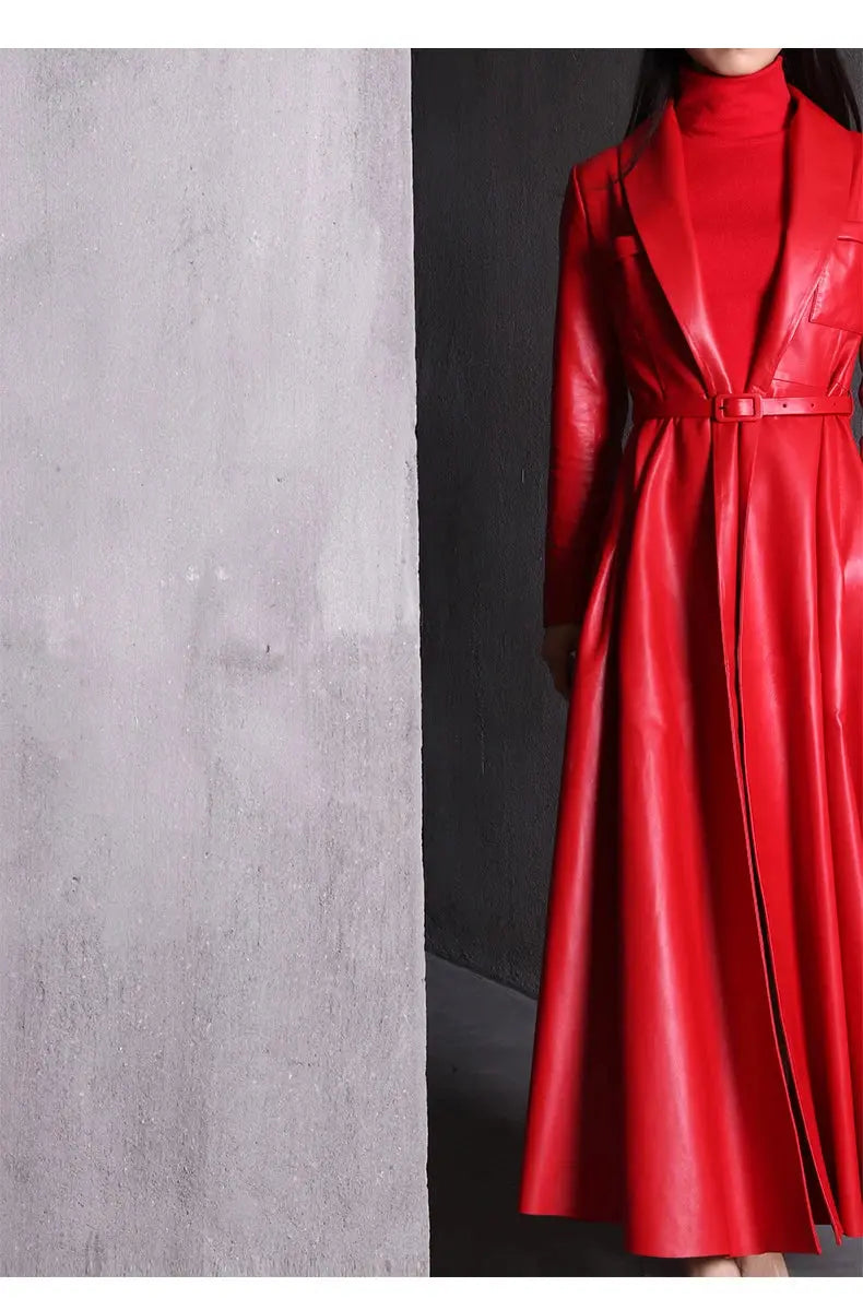 Nerazzurri High Quality Red Black Maxi Pu Leather Trench Coat for Women Extra Long Skirted Elegant Overcoat Fashion 5xl 6xl 7xl JNi3 shop