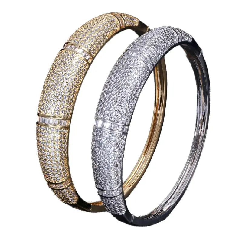 Luxury Yellow Gold Armband Wedding Bracelet Hundreds of Sparkling White Cubic Zircon Open Cuff Bangle for Women JNi3 shop