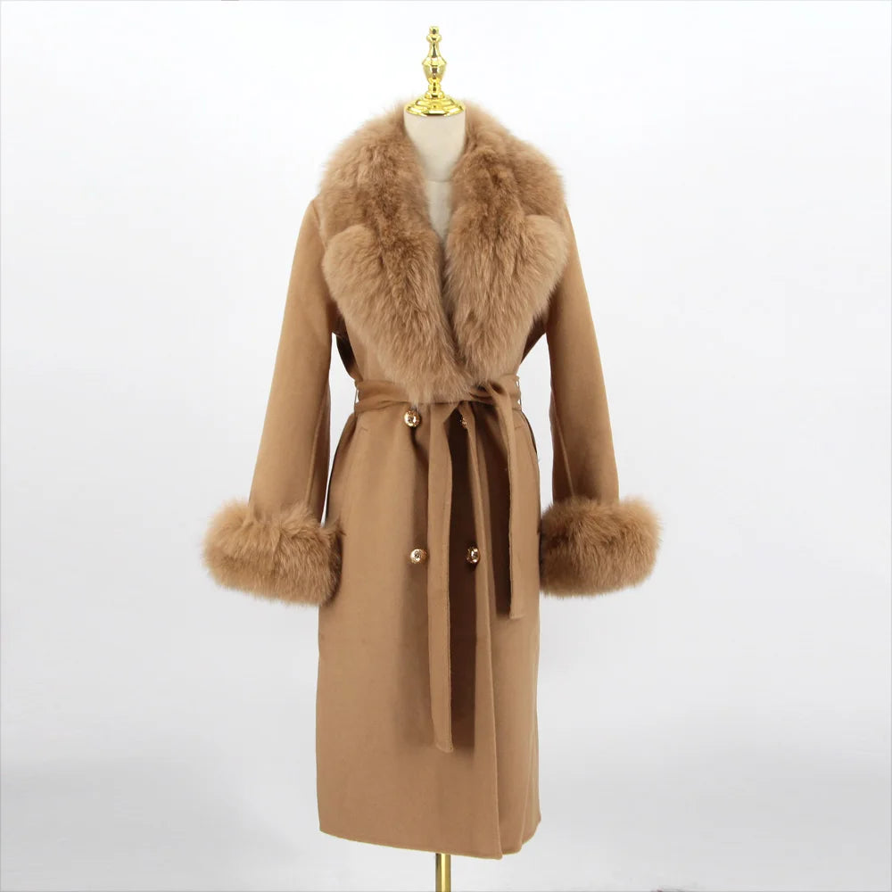 QIUCHEN- QC22018 2022 Autumn Winter Luxury Women's Cashmere Long Trench Coat With Real Fox Fur Collar Wool Coat