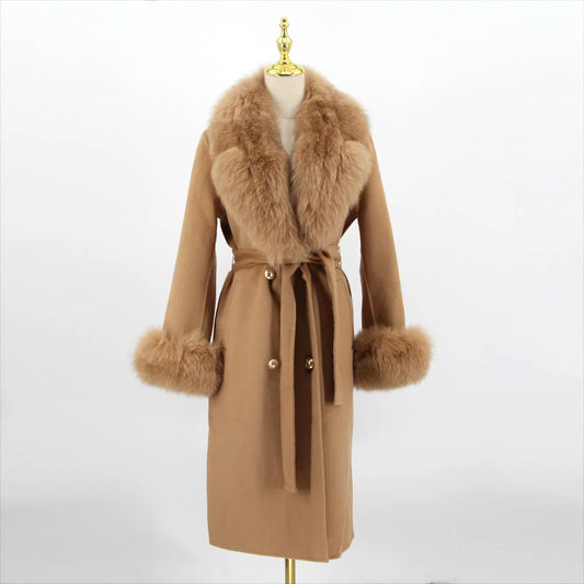 QIUCHEN- QC22018 2022 Autumn Winter Luxury Women's Cashmere Long Trench Coat With Real Fox Fur Collar Wool Coat