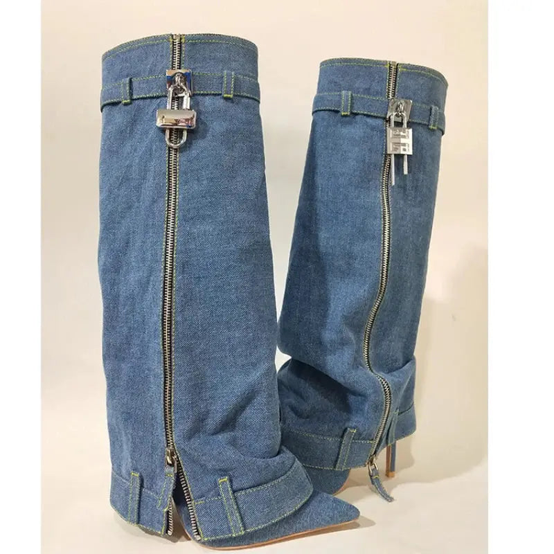 Stiletto Heel Botas Alto Pointed Toe Cut Pants Jeans Zipper Shark Lock Denim Boots for Woman JNi3 shop