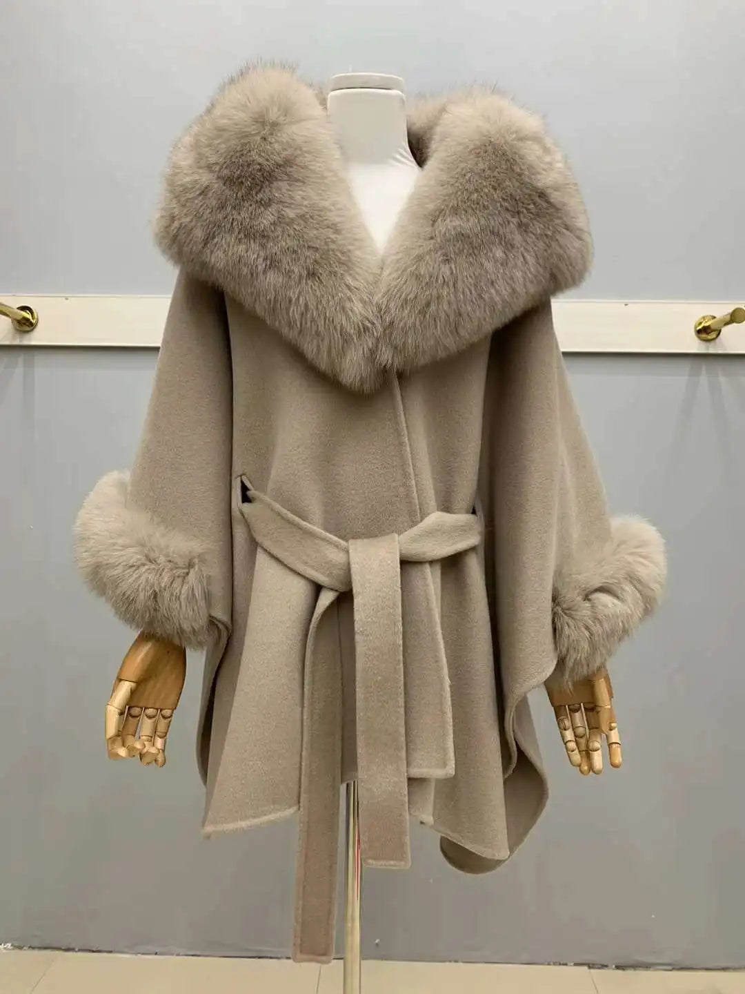 MS.MinShu Winter Women Double-sided 100% Wool Coat Loose Version Large Fox Fur Collar and Cuffs Woolen Poncho for Lady