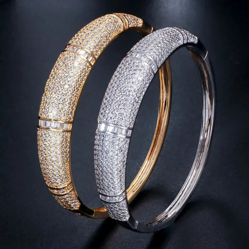 Luxury Yellow Gold Armband Wedding Bracelet Hundreds of Sparkling White Cubic Zircon Open Cuff Bangle for Women JNi3 shop