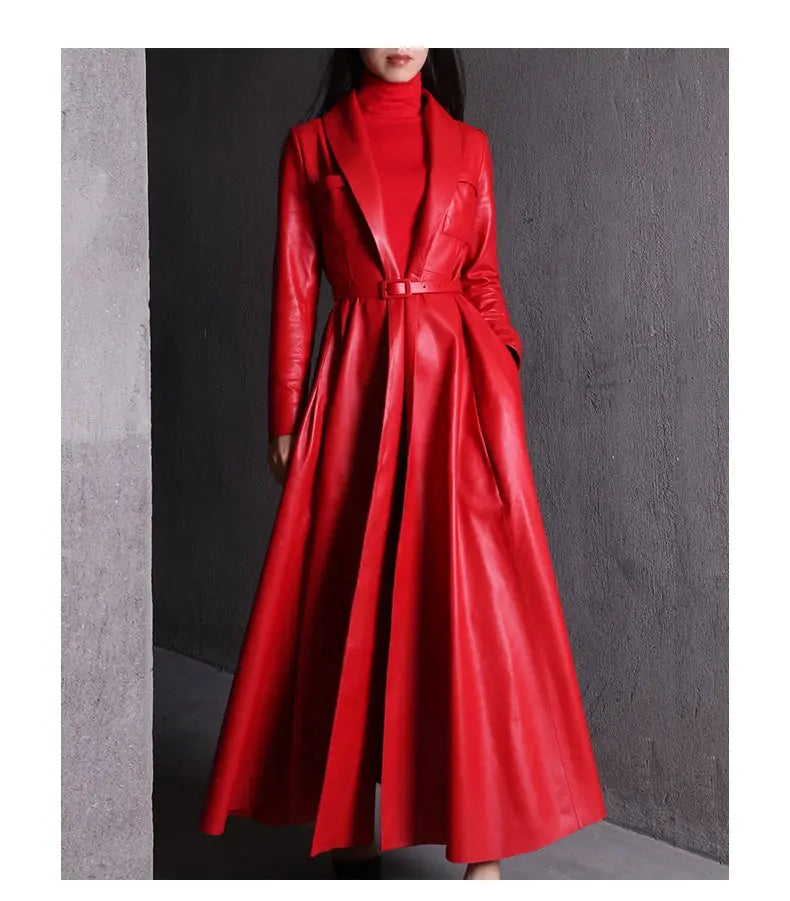 Nerazzurri High Quality Red Black Maxi Pu Leather Trench Coat for Women Extra Long Skirted Elegant Overcoat Fashion 5xl 6xl 7xl JNi3 shop