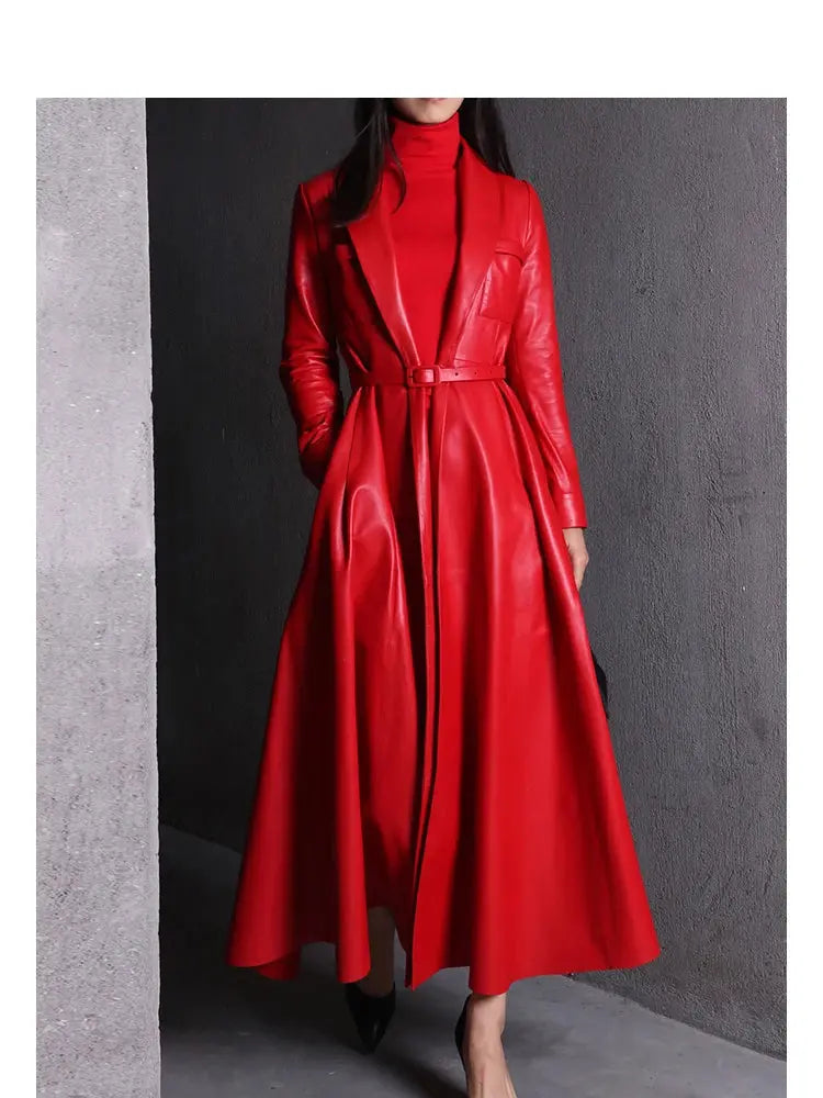 Nerazzurri High Quality Red Black Maxi Pu Leather Trench Coat for Women Extra Long Skirted Elegant Overcoat Fashion 5xl 6xl 7xl JNi3 shop