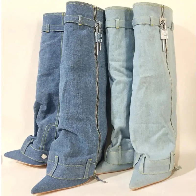 Stiletto Heel Botas Alto Pointed Toe Cut Pants Jeans Zipper Shark Lock Denim Boots for Woman JNi3 shop