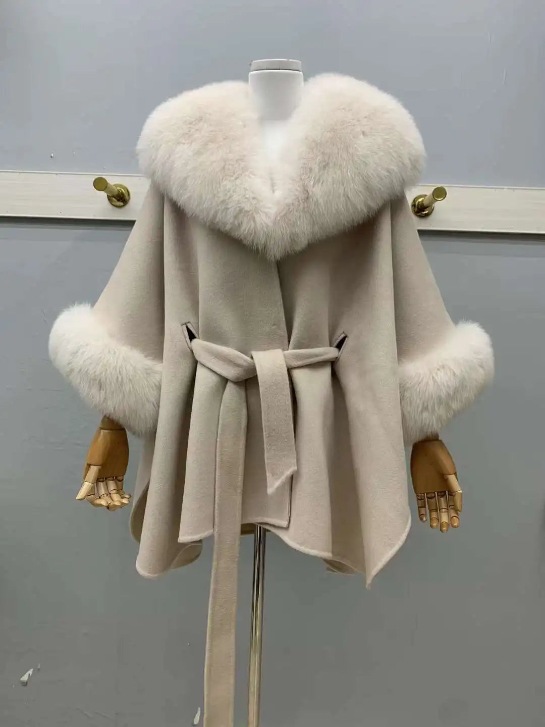 MS.MinShu Winter Women Double-sided 100% Wool Coat Loose Version Large Fox Fur Collar and Cuffs Woolen Poncho for Lady