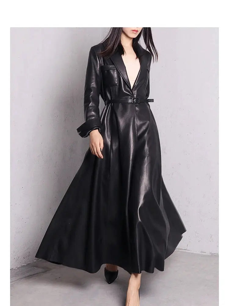 Nerazzurri High Quality Red Black Maxi Pu Leather Trench Coat for Women Extra Long Skirted Elegant Overcoat Fashion 5xl 6xl 7xl JNi3 shop