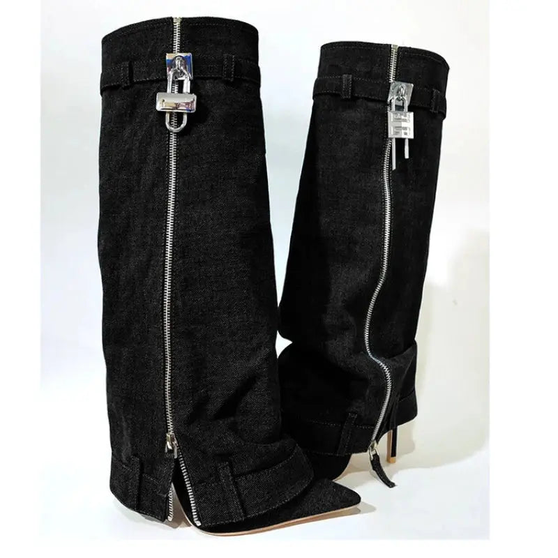 Stiletto Heel Botas Alto Pointed Toe Cut Pants Jeans Zipper Shark Lock Denim Boots for Woman JNi3 shop