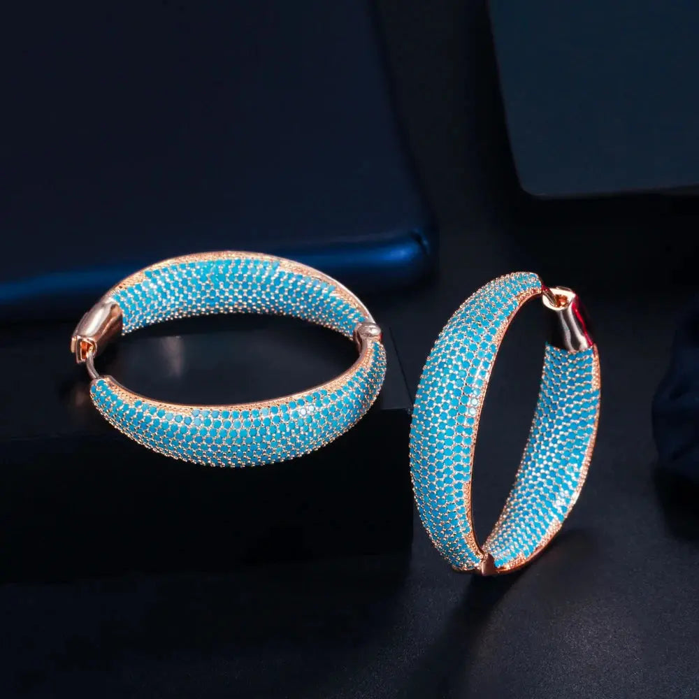 Luxury Turkish Light Blue Cubic Zirconia Large Loop Hoop Earring for Women Fashion Statement Light Gold Plated Jewelry JNi3 shop