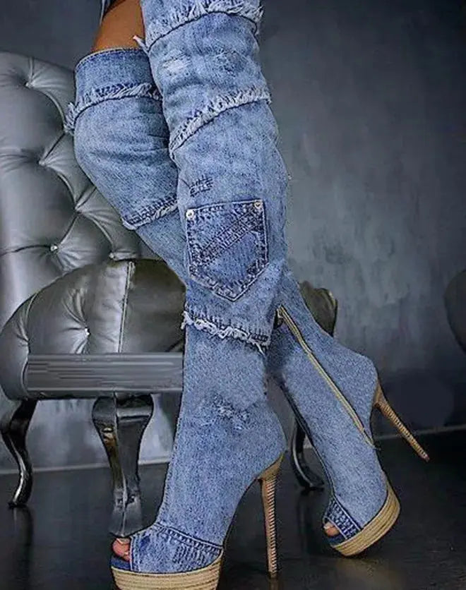 Fashion Zipper Wedge Stiletto Platform Over the Knee Girls Boots Stretchable Denim Peep Toe Pointy Toe Long Boots JNi3 shop