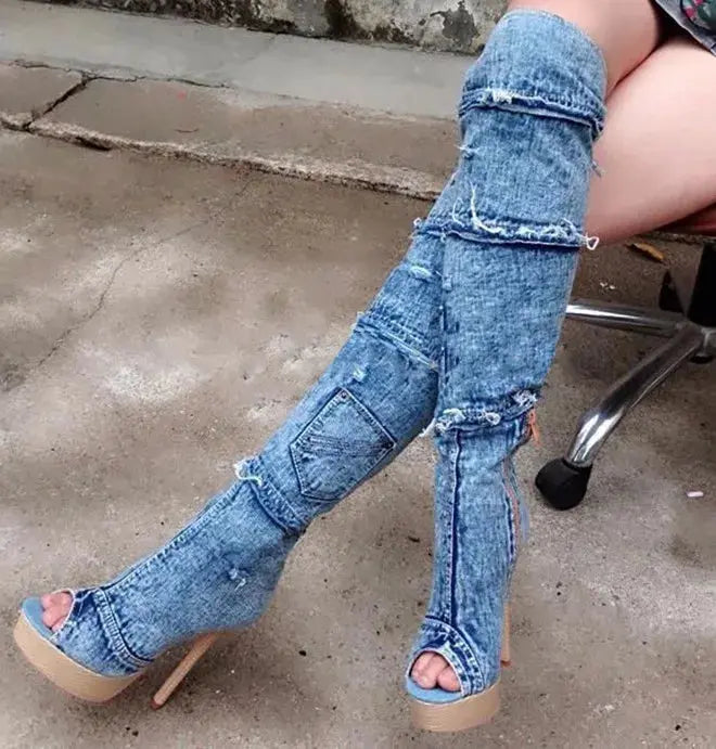 Fashion Zipper Wedge Stiletto Platform Over the Knee Girls Boots Stretchable Denim Peep Toe Pointy Toe Long Boots JNi3 shop