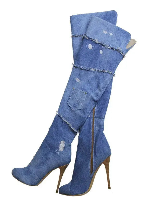 Fashion Zipper Wedge Stiletto Platform Over the Knee Girls Boots Stretchable Denim Peep Toe Pointy Toe Long Boots JNi3 shop