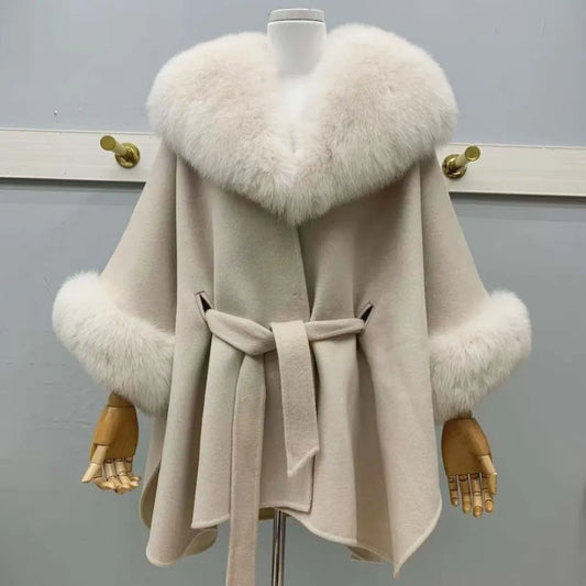MS.MinShu Winter Women Double-sided 100% Wool Coat Loose Version Large Fox Fur Collar and Cuffs Woolen Poncho for Lady