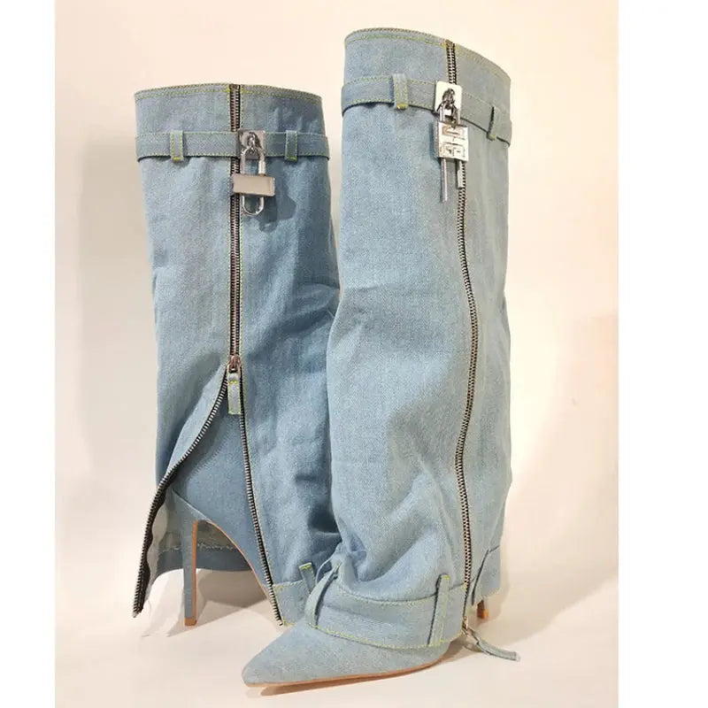 Stiletto Heel Botas Alto Pointed Toe Cut Pants Jeans Zipper Shark Lock Denim Boots for Woman JNi3 shop