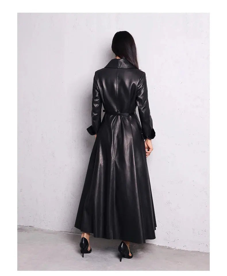 Nerazzurri High Quality Red Black Maxi Pu Leather Trench Coat for Women Extra Long Skirted Elegant Overcoat Fashion 5xl 6xl 7xl JNi3 shop