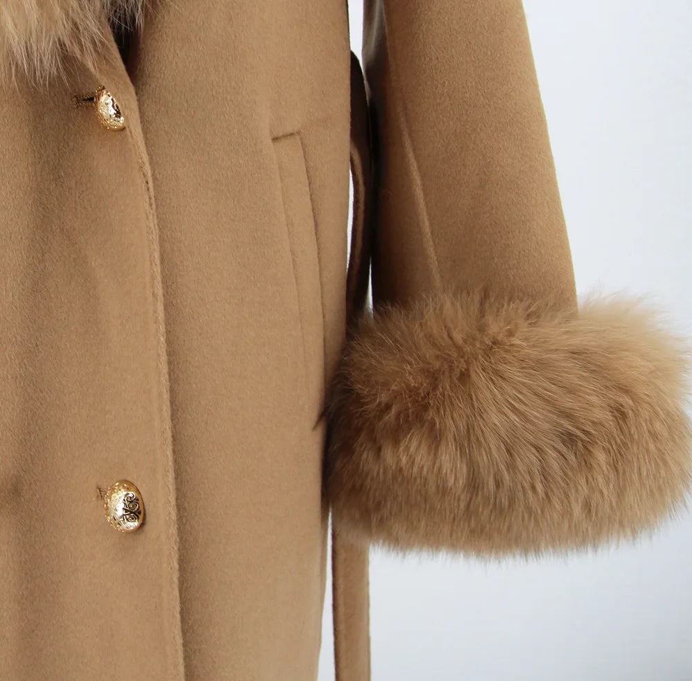 QIUCHEN- QC22018 2022 Autumn Winter Luxury Women's Cashmere Long Trench Coat With Real Fox Fur Collar Wool Coat