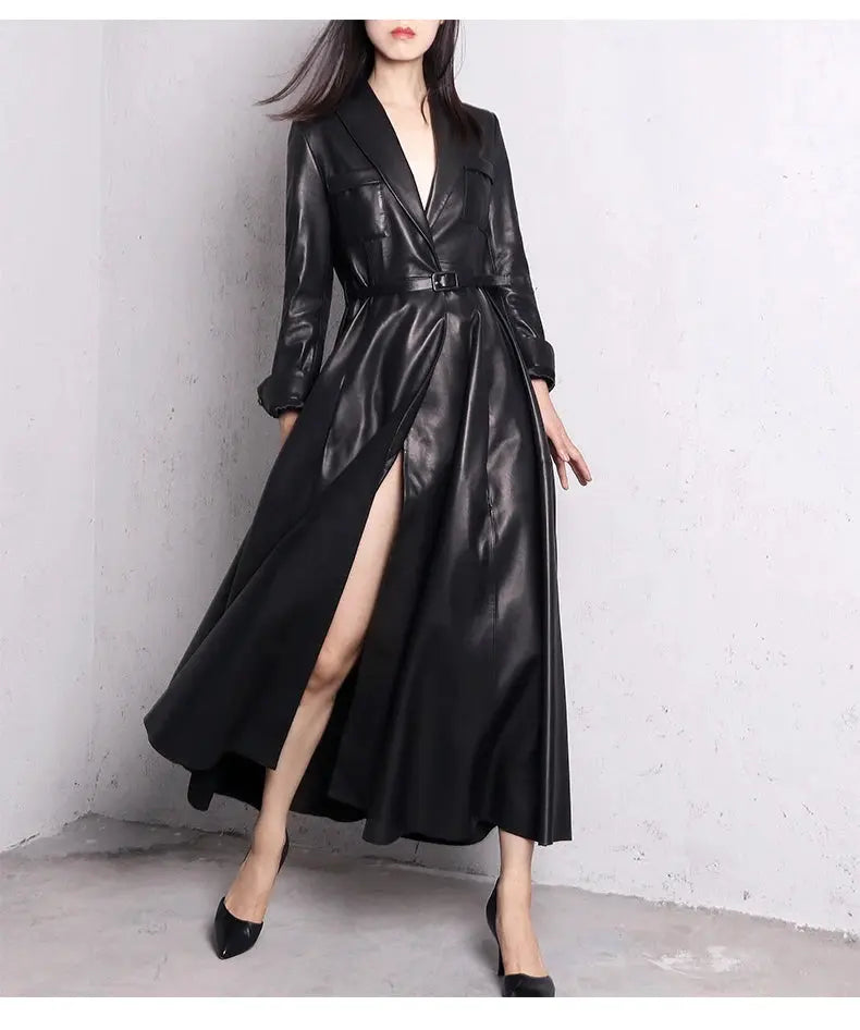 Nerazzurri High Quality Red Black Maxi Pu Leather Trench Coat for Women Extra Long Skirted Elegant Overcoat Fashion 5xl 6xl 7xl JNi3 shop