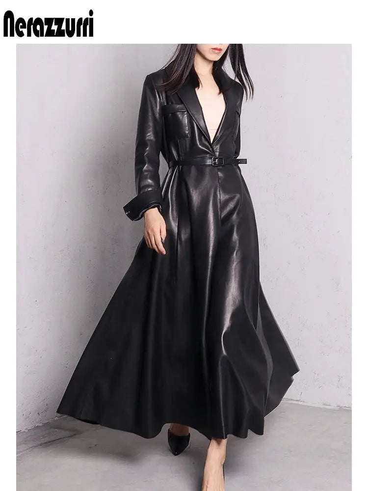 Nerazzurri High Quality Red Black Maxi Pu Leather Trench Coat for Women Extra Long Skirted Elegant Overcoat Fashion 5xl 6xl 7xl JNi3 shop