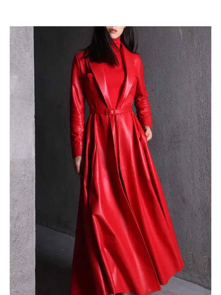 Nerazzurri High Quality Red Black Maxi Pu Leather Trench Coat for Women Extra Long Skirted Elegant Overcoat Fashion 5xl 6xl 7xl JNi3 shop