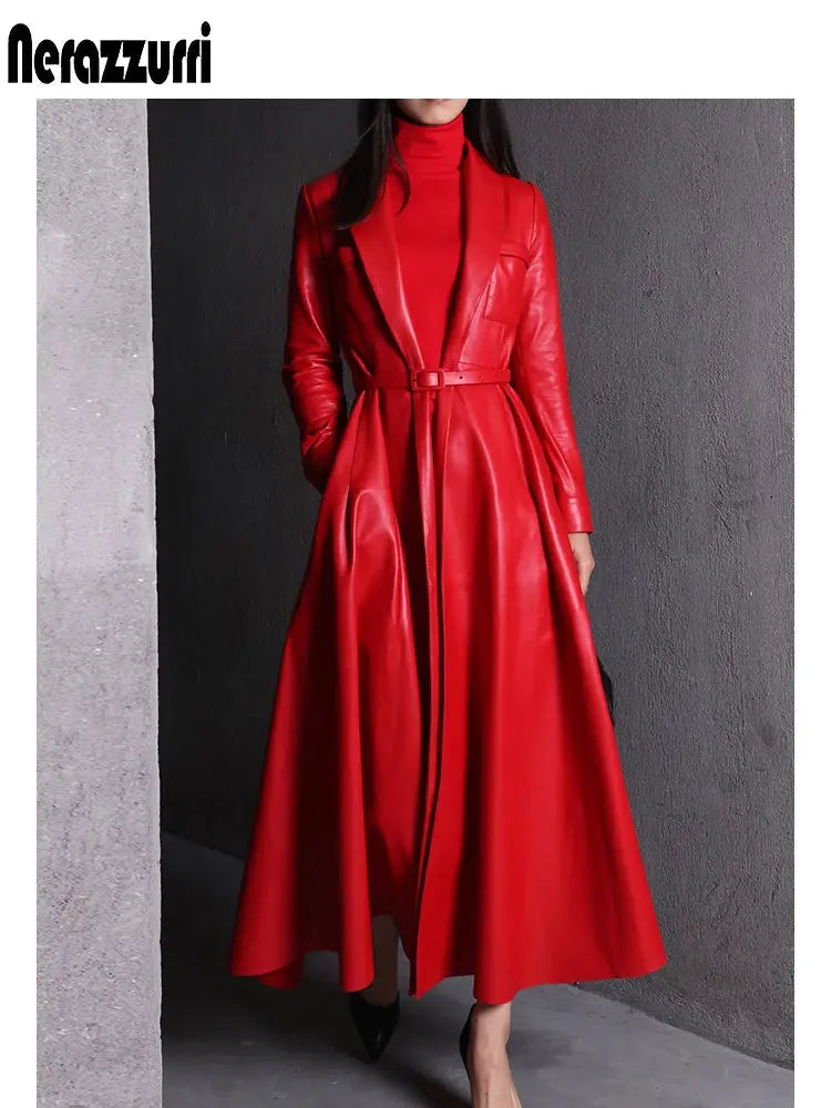 Nerazzurri High Quality Red Black Maxi Pu Leather Trench Coat for Women Extra Long Skirted Elegant Overcoat Fashion 5xl 6xl 7xl JNi3 shop