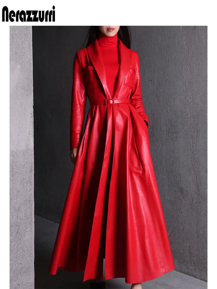 Nerazzurri High Quality Red Black Maxi Pu Leather Trench Coat for Women Extra Long Skirted Elegant Overcoat Fashion 5xl 6xl 7xl JNi3 shop