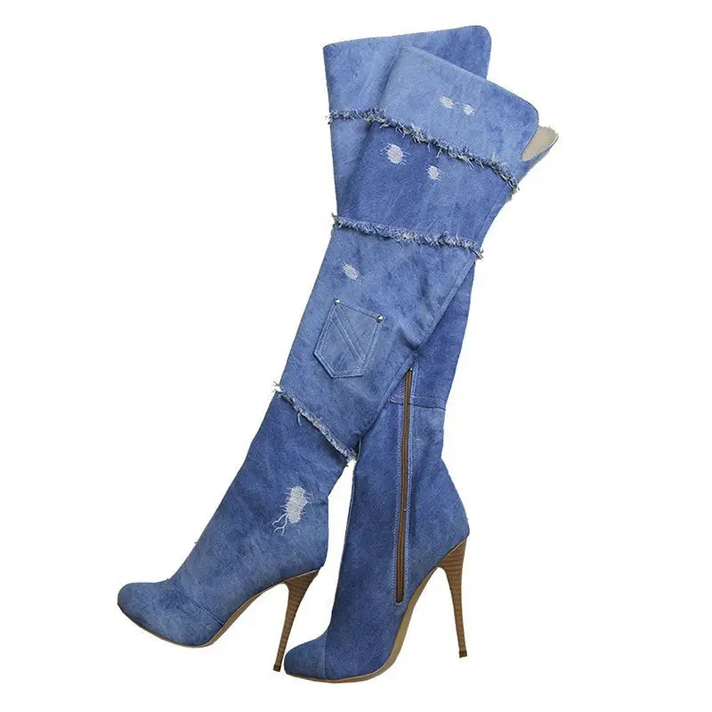 Fashion Zipper Wedge Stiletto Platform Over the Knee Girls Boots Stretchable Denim Peep Toe Pointy Toe Long Boots JNi3 shop