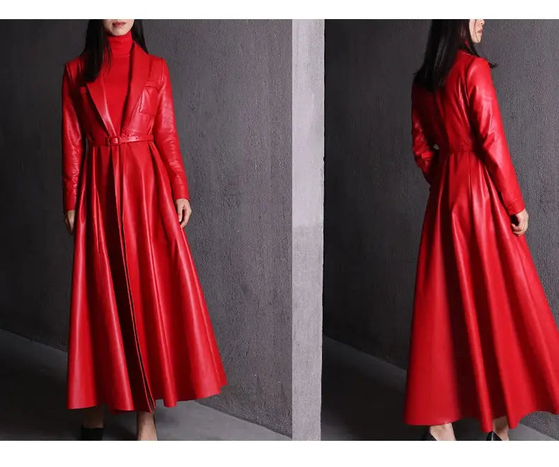 Nerazzurri High Quality Red Black Maxi Pu Leather Trench Coat for Women Extra Long Skirted Elegant Overcoat Fashion 5xl 6xl 7xl JNi3 shop
