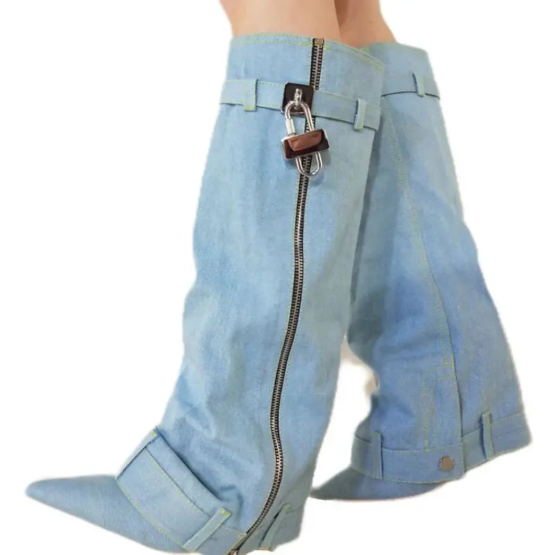 Stiletto Heel Botas Alto Pointed Toe Cut Pants Jeans Zipper Shark Lock Denim Boots for Woman JNi3 shop