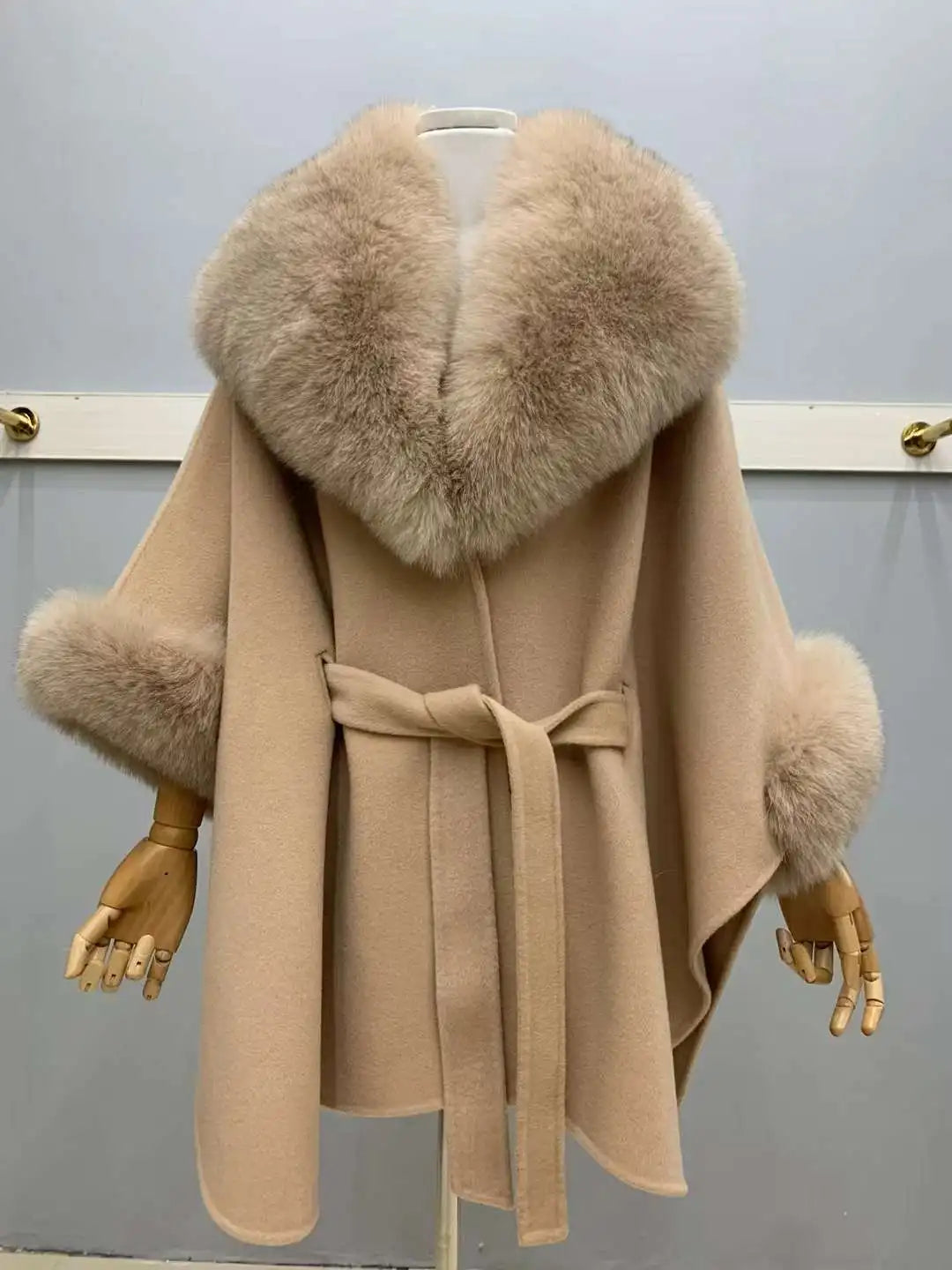 MS.MinShu Winter Women Double-sided 100% Wool Coat Loose Version Large Fox Fur Collar and Cuffs Woolen Poncho for Lady