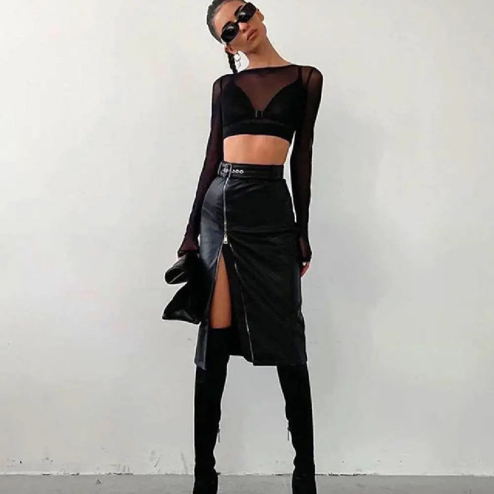 split leather skirt and red boots outfit