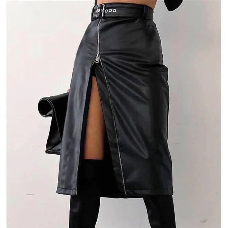 split leather skirt and red boots outfit