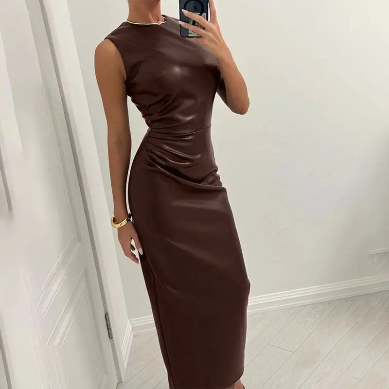 brown leather dress red jacket outfit