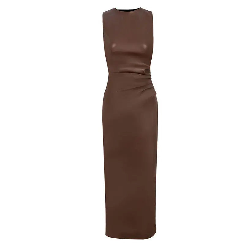 brown leather dress red jacket outfit