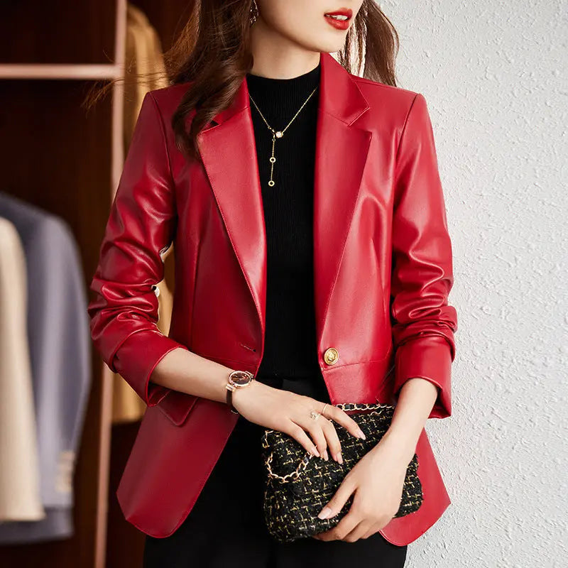 brown leather dress red jacket outfit