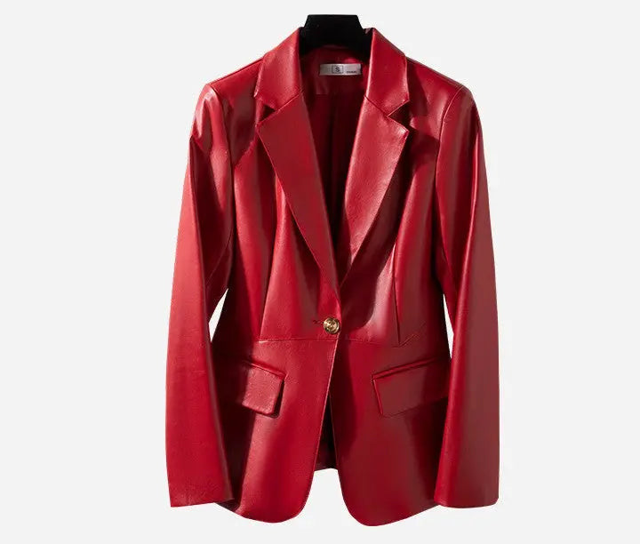 brown leather dress red jacket outfit