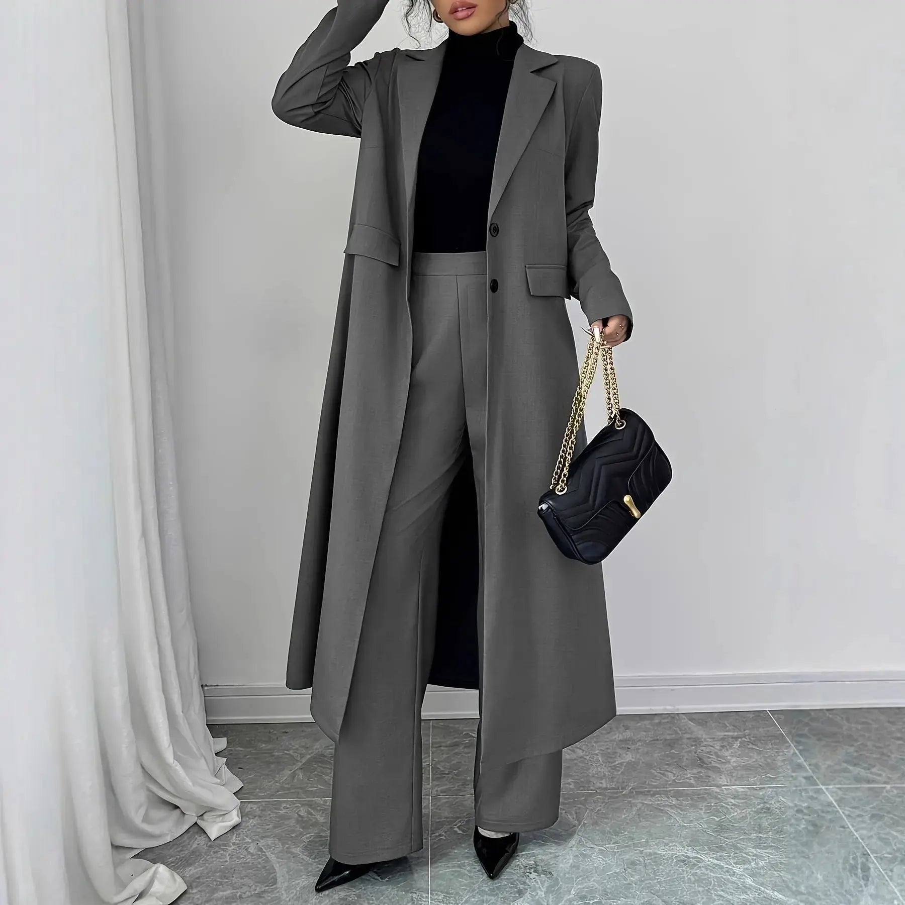 Women's Elegant Gray pant suit outfit JNi3 shop