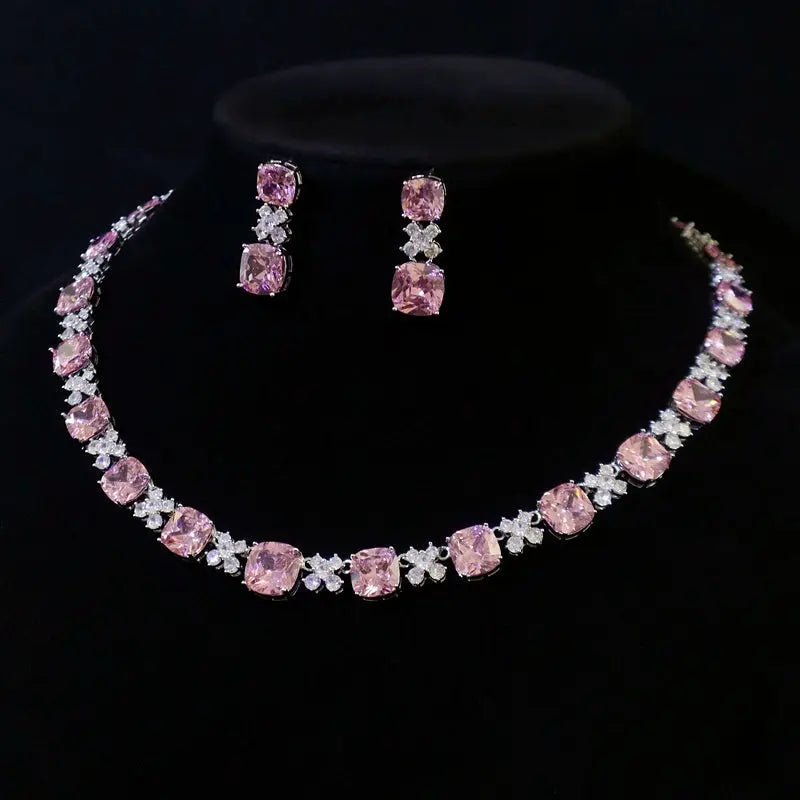 Sweet Pink Romantic Gem Necklace and Earring Suit Fashion Wedding Accessories Evening Dress Clavicle Chain Bridal Jewelry JNi3 shop