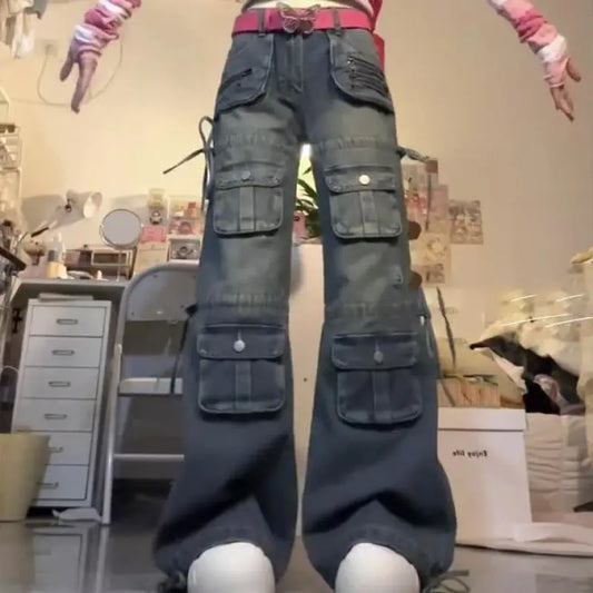 Plus Size Washed-out Vintage Multi-pocket Workwear Jeans For Women JNi3 shop