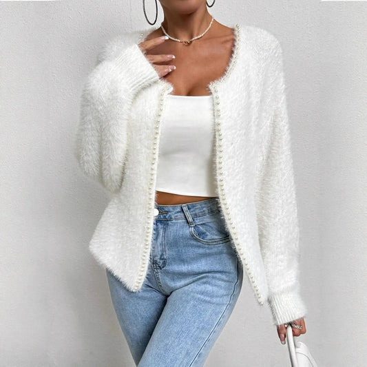 Women's Elegant Cardigan Sweater Solid Color And V-neck Fashion Bead Knitwear Coat Dropshipman