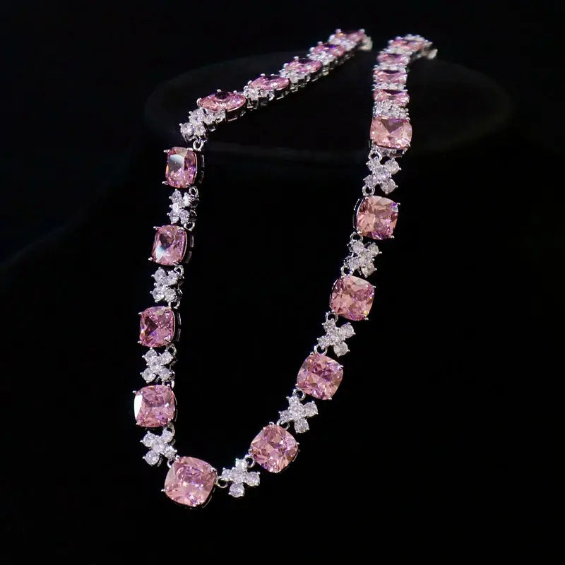 Sweet Pink Romantic Gem Necklace and Earring Suit Fashion Wedding Accessories Evening Dress Clavicle Chain Bridal Jewelry JNi3 shop