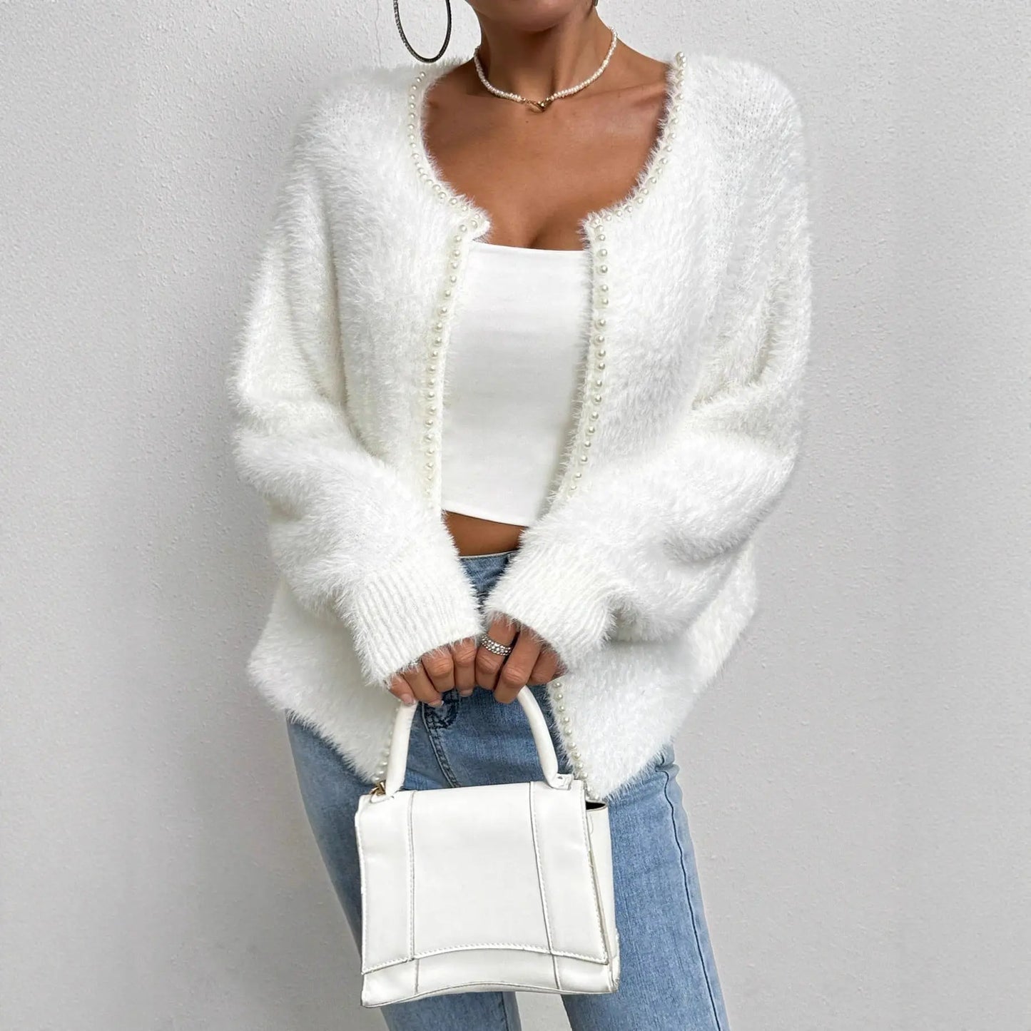 Women's Elegant Cardigan Sweater Solid Color And V-neck Fashion Bead Knitwear Coat Dropshipman