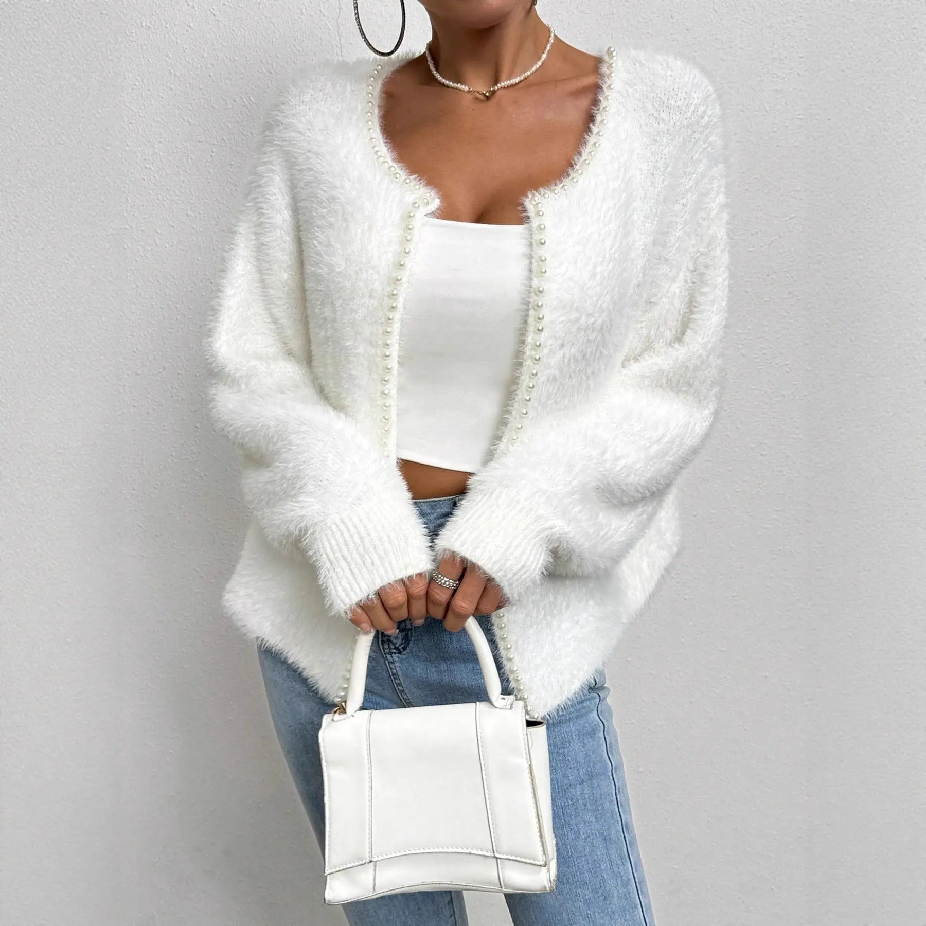 Women's Elegant Cardigan Sweater Solid Color And V-neck Fashion Bead Knitwear Coat Dropshipman