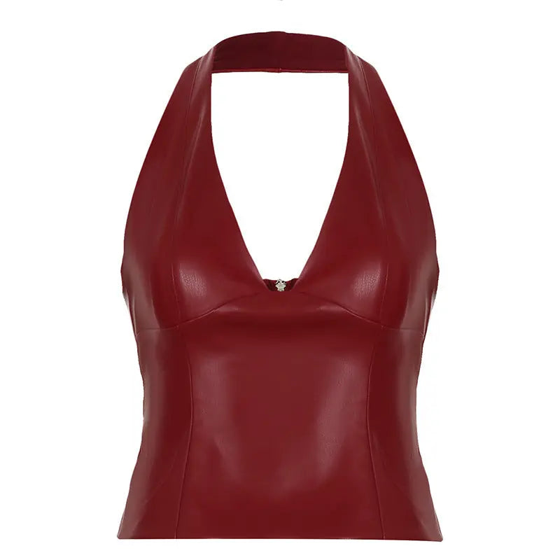 Women's Solid Color And V-neck Leather Halter Back Zipper Vest JNi3 shop