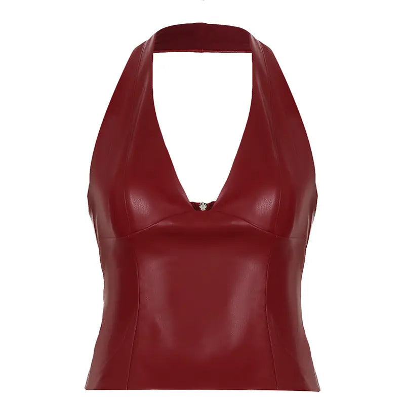Women's Solid Color And V-neck Leather Halter Back Zipper Vest JNi3 shop