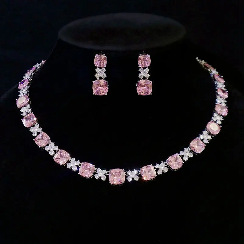 Sweet Pink Romantic Gem Necklace and Earring Suit Fashion Wedding Accessories Evening Dress Clavicle Chain Bridal Jewelry JNi3 shop