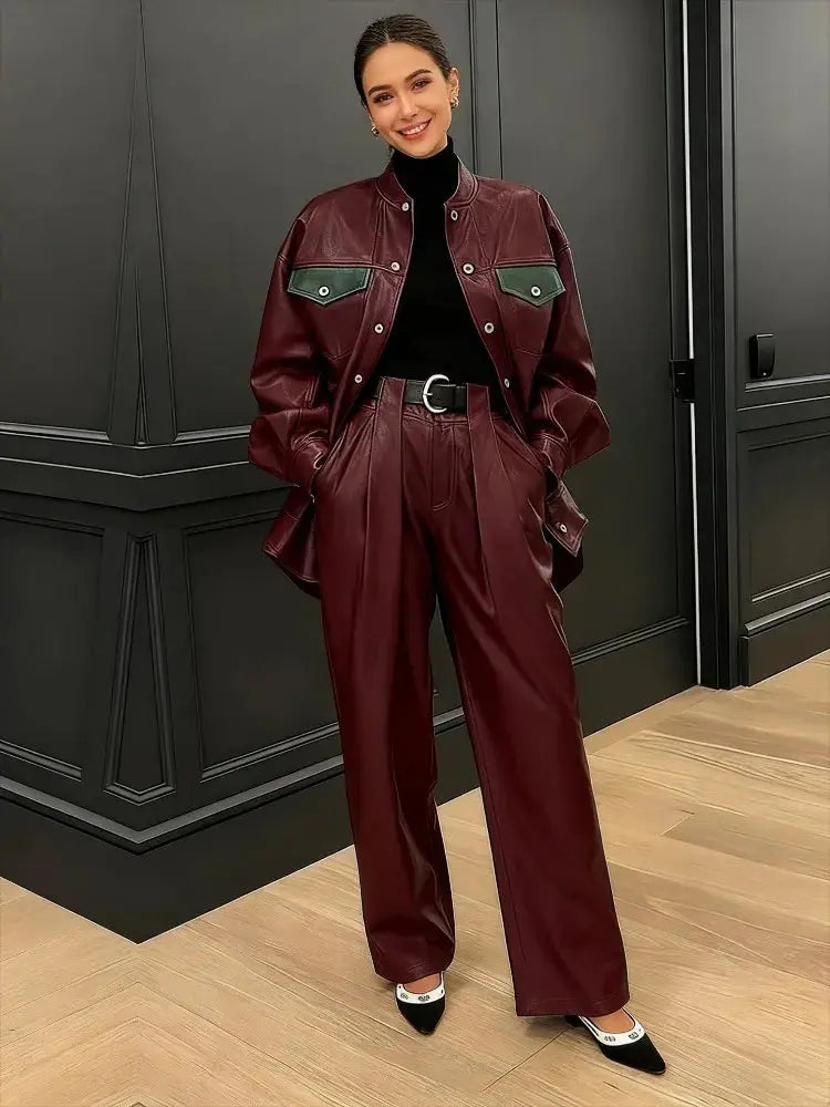 Gymystars Autumn Wine Red PU Two Piece Sets for Women Fashion Wide Leg Pants Elegant Button Jacket Elegant No Belt Trousers Suit JNi3 shop
