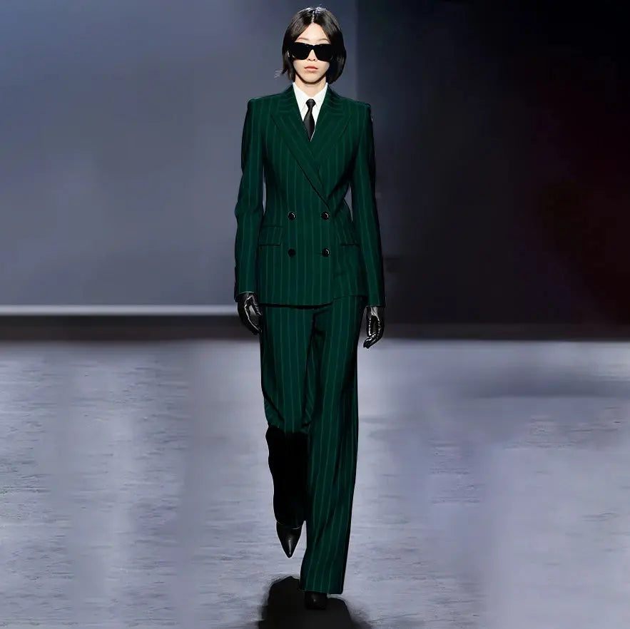 Dark Blue Stripes Women Suit Customized Double-breasted Peak Lapel Two Pieces(Jacket+Pants) Business Office Lady Competent Set JNi3 shop