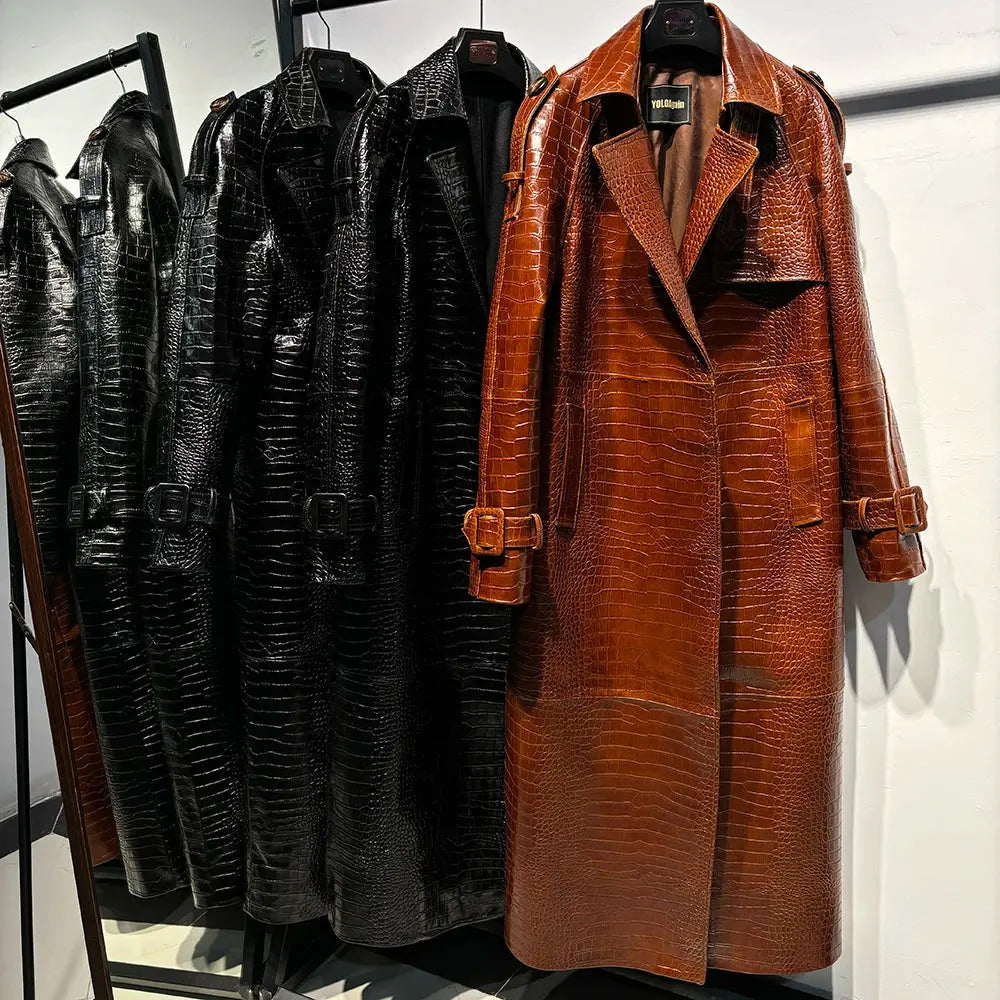 Women's Real Leather Trench Coat Long High Quality Windbreak Oversized JNi3 shop