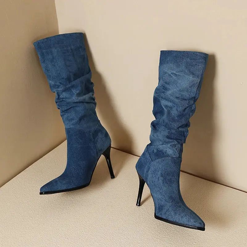 Blue Denim Knee High Cowboy Boots for Women 2025 Autumn Pleated High Heels Long Boots Woman Stiletto Heeled Jeans Botas Shoes JNi3 shop
